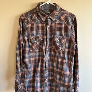BKE Men's Casual Plaid Shirt - Brown and Orange